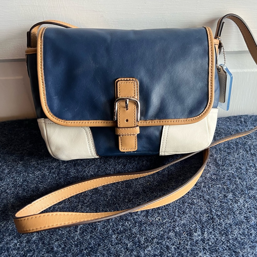 Coach Crossbody Bag Blue Tan and White Leather